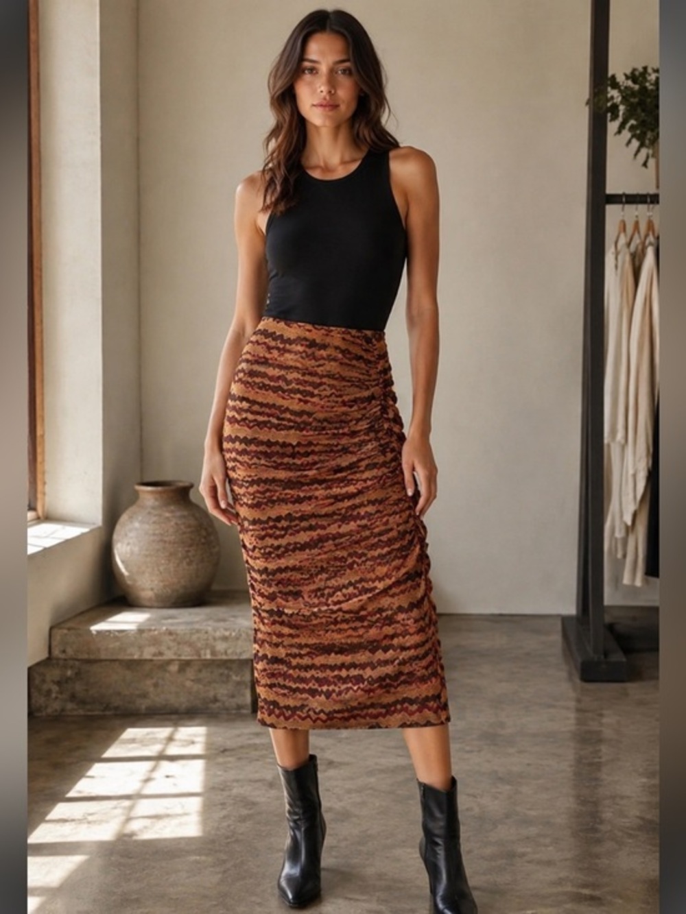 70’s style Zara Brown Tan Chevron Ruched Mesh Midi Skirt Size Small Y2K Bodycon
